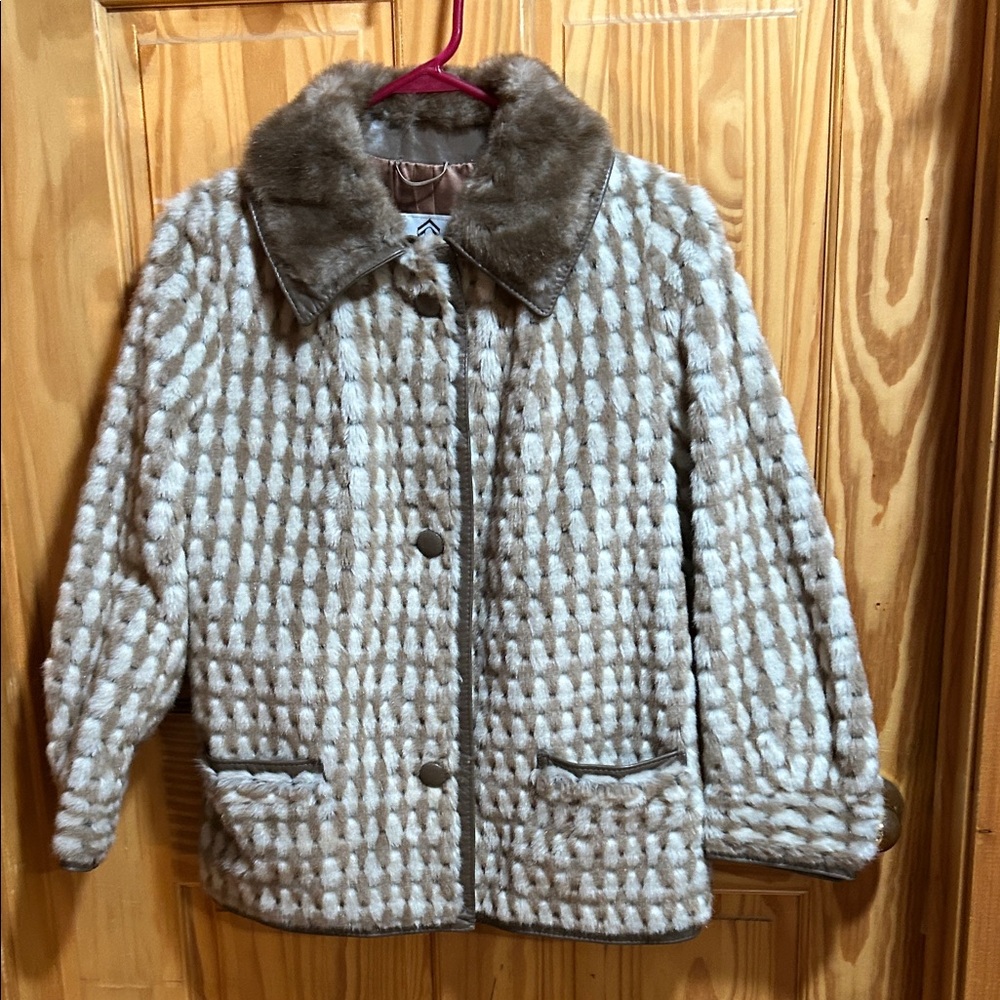 Taupe & Cream Textured Teddy Jacket with Faux Fur Collar